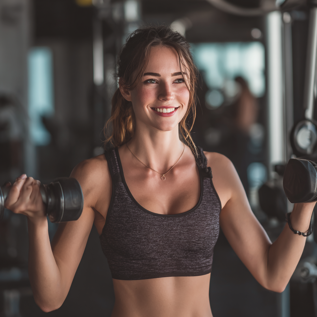 Happy European woman in her 40s showing improved fitness posture and confident smile after consistent training
